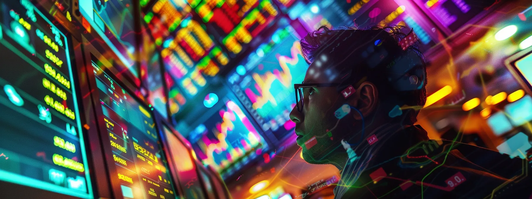 a trader, surrounded by a chaotic array of screens displaying fluctuating graphs and alerts, gazes intently, embodying the struggle between information overload and the pursuit of calculated investment success, captured in vibrant, contrasting colors under dramatic lighting. a trader, surrounded by a chaotic array of screens displaying fluctuating graphs and alerts, gazes intently, embodying the struggle between information overload and the pursuit of calculated investment success, captured in vibrant, contrasting colors under dramatic lighting.