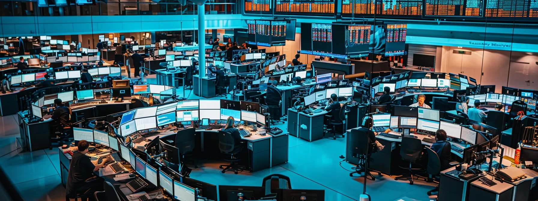a vibrant, high-energy trading floor filled with traders intently monitoring screens displaying real-time stock alerts, encapsulating the dynamic and competitive nature of the financial market.
