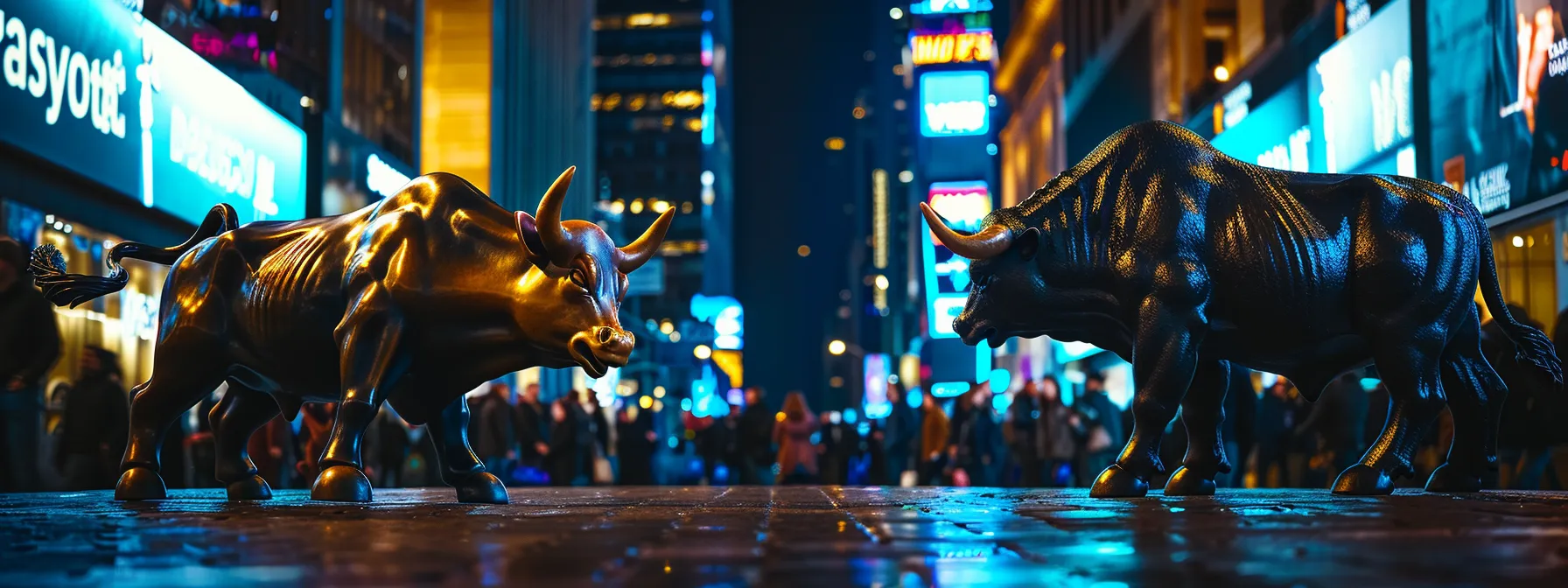 a vibrant stock market scene captures a bull and bear juxtaposed against a backdrop of soaring digital screens displaying live earnings alerts and analyst ratings, symbolizing the dynamic interplay of financial decision-making.