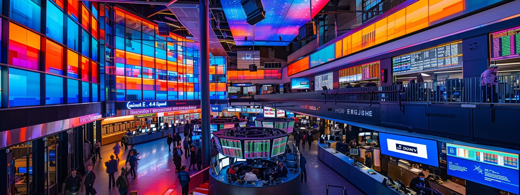 a vibrant stock market trading floor bustling with activity, illuminated by dynamic screens displaying real-time alert notifications, symbolizing the fast-paced and impactful nature of trading decisions.