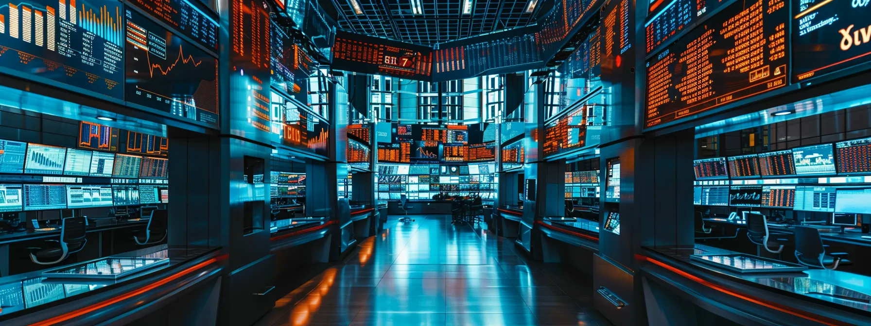 a vibrant stock trading environment illuminated by dynamic screens displaying sms alerts and trends, capturing the essence of modern technology enhancing trader decision-making.