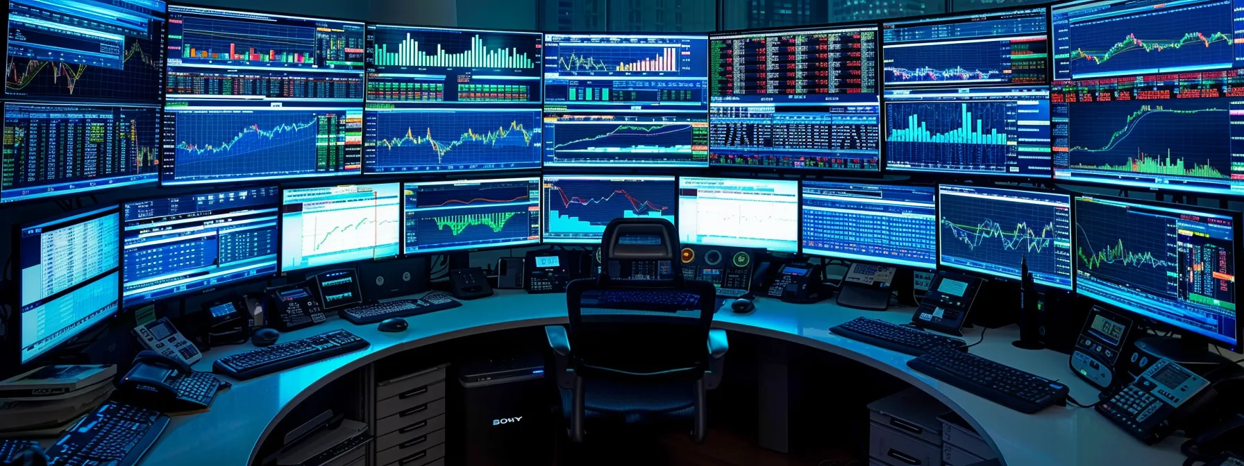 a vibrant trading desk illuminated by the glow of multiple monitors displaying real-time stock alerts, highlighting key features like customization options and user-friendly interfaces, all set against a backdrop of dynamic financial graphs and market data.