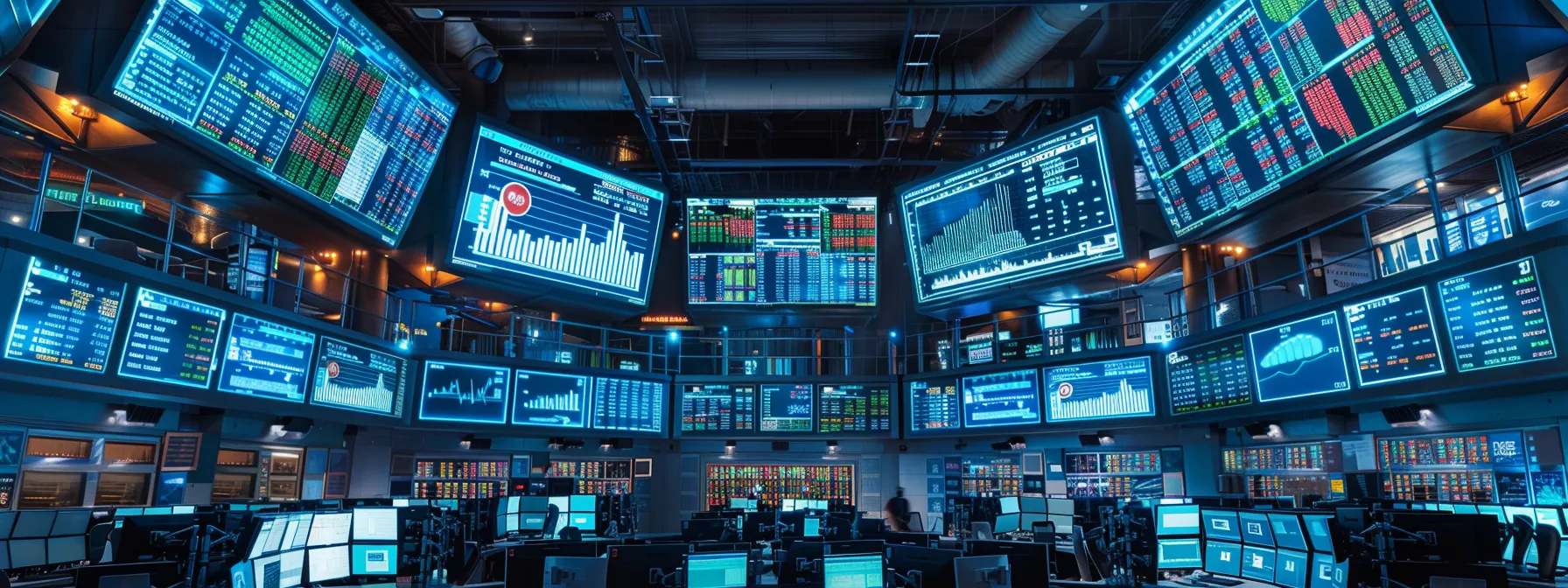 a vibrant trading room filled with screens displaying stock market alerts, illuminated by dynamic, colorful graphs, symbolizing the analytical journey traders undertake to evaluate and choose the best stock alert service.