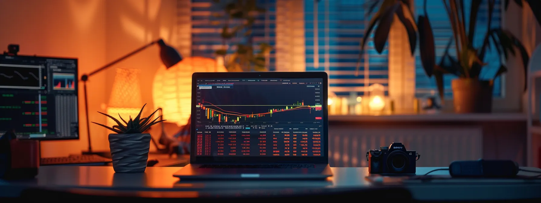 a vibrant trading workspace features a sleek laptop displaying dynamic stock alerts, illuminated by the soft glow of a desk lamp, capturing the essence of strategic financial decision-making. a vibrant trading workspace features a sleek laptop displaying dynamic stock alerts, illuminated by the soft glow of a desk lamp, capturing the essence of strategic financial decision-making.