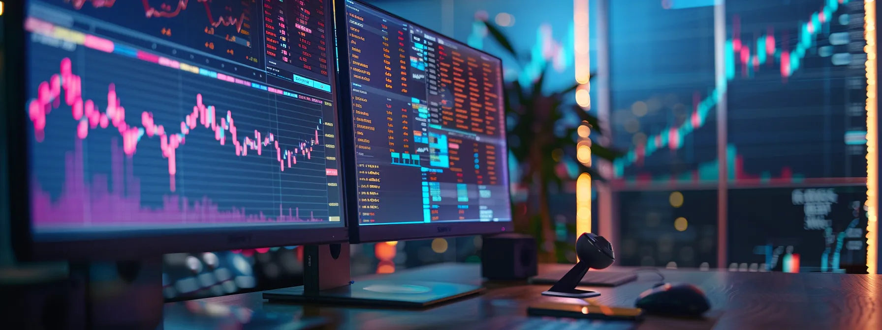 a visually striking scene of a modern trading desk illuminated by soft ambient lighting, featuring multiple screens showcasing dynamic stock market graphs and alerts in vibrant colors, symbolizing the efficient setup of customized stock market notifications.