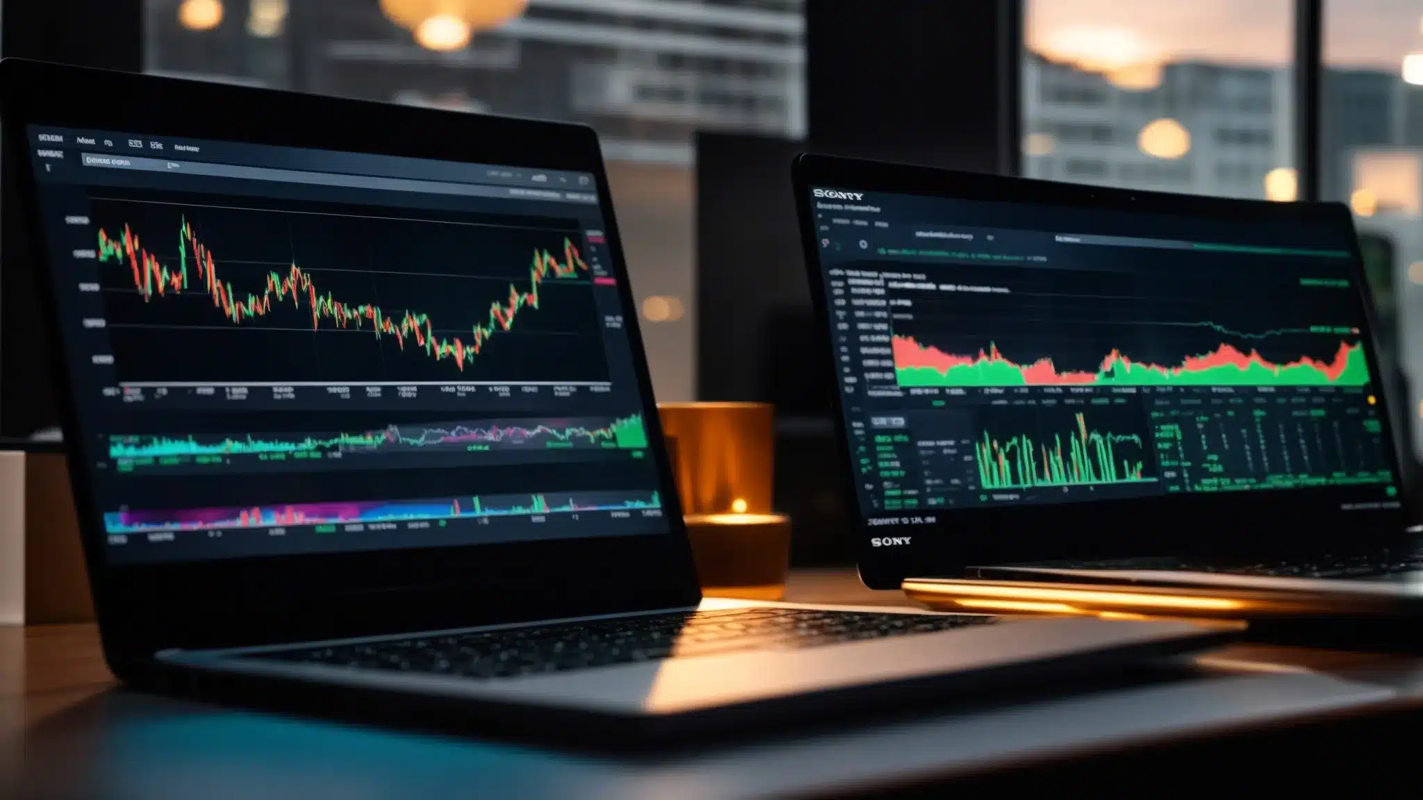 a focused investor evaluates vibrant stock performance charts on a sleek laptop, illuminated by soft desk lighting, capturing the essence of decision-making in stock market trading.